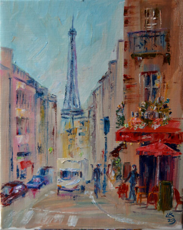 Painting titled "Cozy Parisian Stree…" by Lada Kholosho, Original Artwork, Oil Mounted on Wood Stretcher frame