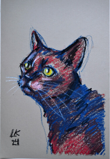 Pintura intitulada "Black Cat Muzzle" por Lada Kholosho, Obras de arte originais, Pastel
