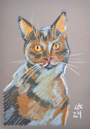 Painting titled "Tabby Cat With Yell…" by Lada Kholosho, Original Artwork, Pastel