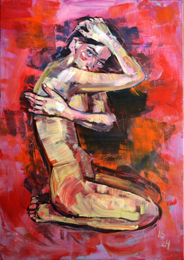 Painting titled "Young Nude Woman On…" by Lada Kholosho, Original Artwork, Acrylic Mounted on Wood Stretcher frame