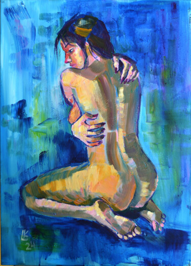Painting titled "Naked Woman Back On…" by Lada Kholosho, Original Artwork, Acrylic Mounted on Wood Stretcher frame