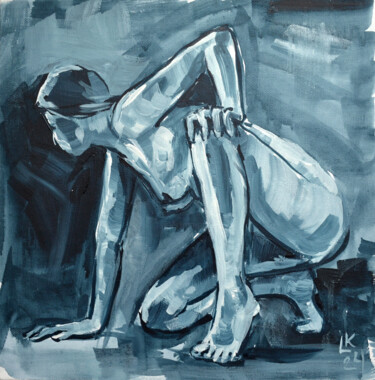 Painting titled "Nude woman in grey…" by Lada Kholosho, Original Artwork, Acrylic Mounted on Cardboard
