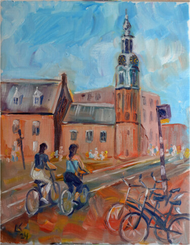 Painting titled "Bikes in Amsterdam" by Lada Kholosho, Original Artwork, Oil Mounted on Wood Stretcher frame