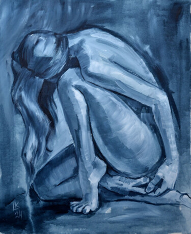 Картина под названием "Long Hair Nude Woma…" - Lada Kholosho, Подлинное произведение искусства, Акрил Установлен на Деревянн…