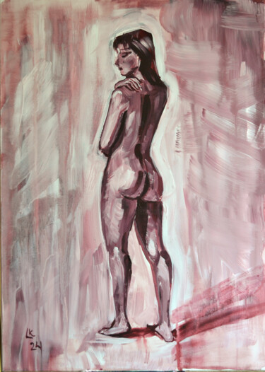 Ζωγραφική με τίτλο "Woman Standing Back…" από Lada Kholosho, Αυθεντικά έργα τέχνης, Ακρυλικό Τοποθετήθηκε στο Ξύλινο φορείο…
