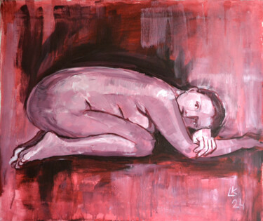 Painting titled "Nude Woman On Knees" by Lada Kholosho, Original Artwork, Acrylic Mounted on Wood Stretcher frame