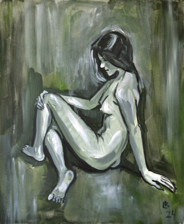 Schilderij getiteld "Nude Young Girl Sit…" door Lada Kholosho, Origineel Kunstwerk, Acryl Gemonteerd op Frame voor houten br…