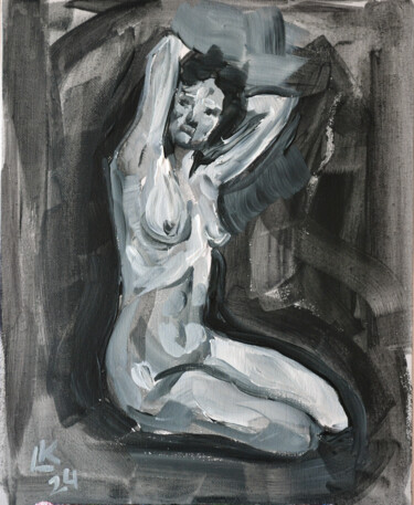 Painting titled "Nude woman sitting…" by Lada Kholosho, Original Artwork, Acrylic Mounted on Cardboard