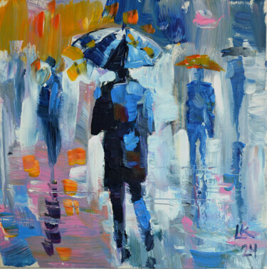 Painting titled "Umbrella Blues: An…" by Lada Kholosho, Original Artwork, Acrylic Mounted on Cardboard