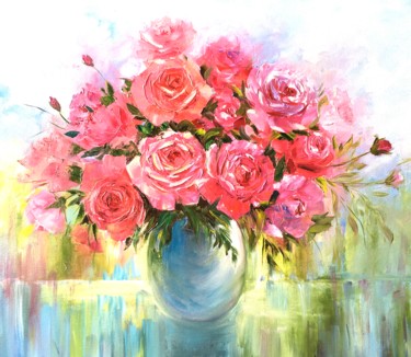 Malarstwo zatytułowany „Roses” autorstwa Galina Dunaeva, Oryginalna praca, Olej Zamontowany na Drewniana rama noszy