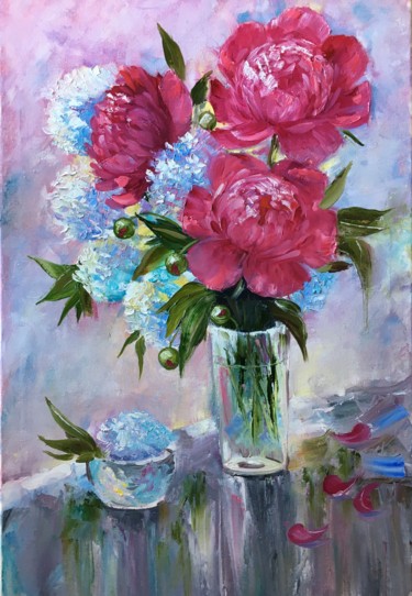 Painting titled "peonies" by Galina Dunaeva, Original Artwork, Oil Mounted on Wood Stretcher frame