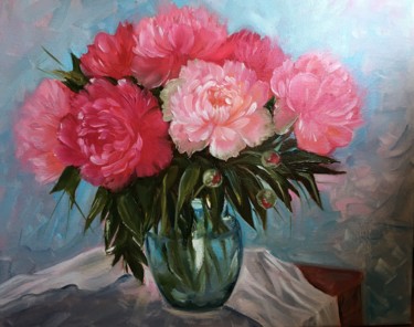 Painting titled "Pink peonies" by Galina Dunaeva, Original Artwork, Oil Mounted on Wood Stretcher frame