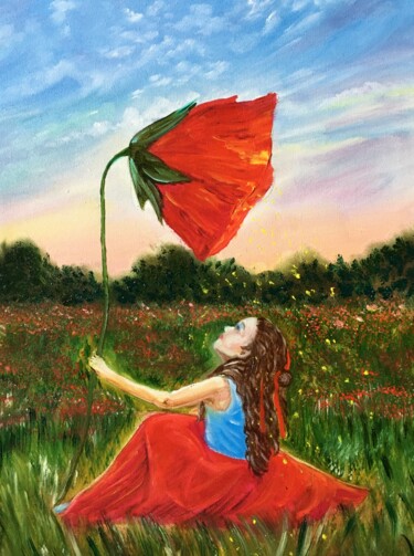 Painting titled "Girl with poppy" by Galina Dunaeva, Original Artwork, Oil Mounted on Wood Stretcher frame