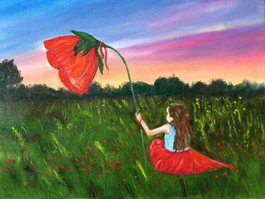 Картина под названием "Girl with poppy 2" - Galina Dunaeva, Подлинное произведение искусства, Масло Установлен на Деревянная…