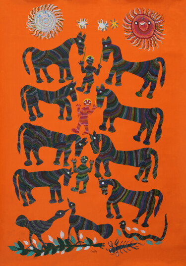 Картина под названием "Bhil Art" - Lado Bai, Подлинное произведение искусства, Акрил