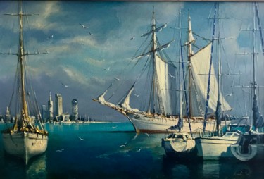 Painting titled "Яхты в Бухте ( Yach…" by Vladimer Sharashidze (Lado Sharashidze), Original Artwork, Oil