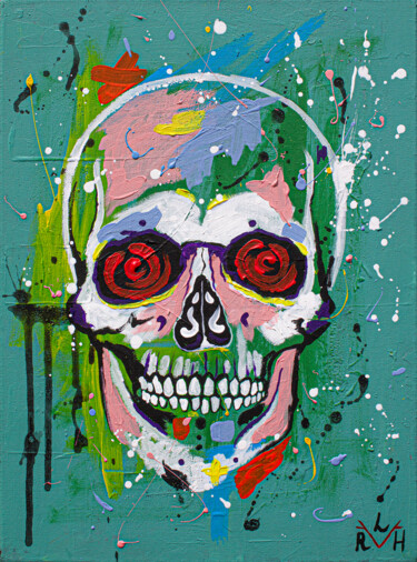 Painting titled "Green Skull" by Lady Redhorns, Original Artwork, Acrylic