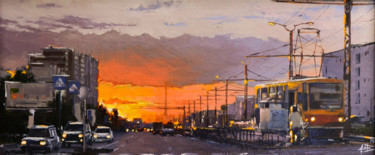 Painting titled "Evening City" by Artem Lozhkin, Original Artwork, Oil
