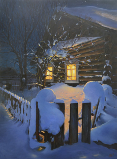 Painting titled "Winter evening" by Artem Lozhkin, Original Artwork, Oil