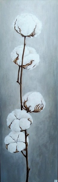 Painting titled "Branche de coton" by Laetitia Piazzoli, Original Artwork, Acrylic Mounted on Wood Stretcher frame