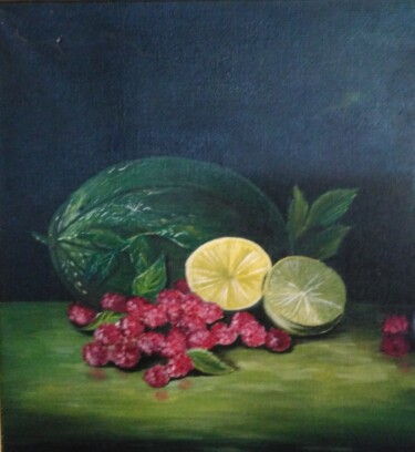 Peinture intitulée "Fruits sur la table…" par Laetitia Chambault, Œuvre d'art originale, Huile