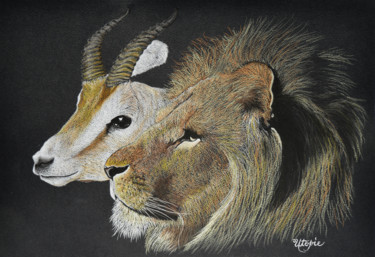 Drawing titled "Le lion et la gazel…" by Laetitia Debienne, Original Artwork, Pastel Mounted on Wood Stretcher frame