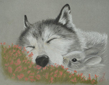 Dessin intitulée "Le loup et le Lapin" par Laetitia Debienne, Œuvre d'art originale, Pastel