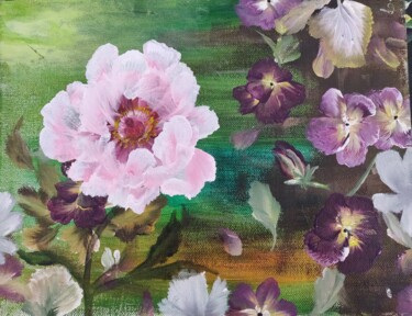 Painting titled "Pivoine et pensées…" by Laetitia Labadie, Original Artwork, Acrylic