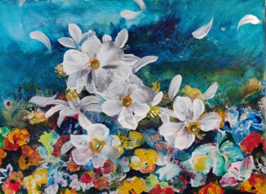 Painting titled "Fleurs blanches dan…" by Laetitia Labadie, Original Artwork, Acrylic