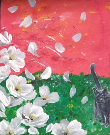 Pintura intitulada "Chat et fleurs blan…" por Laetitia Labadie, Obras de arte originais, Acrílico Montado em artwork_cat.