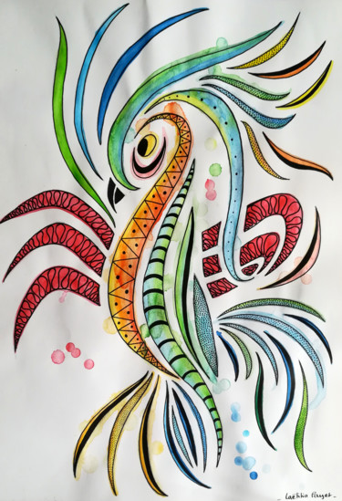 Картина под названием "Bird on fire" - Laëtitia Payet (Lëty Création), Подлинное произведение искусства, Акварель