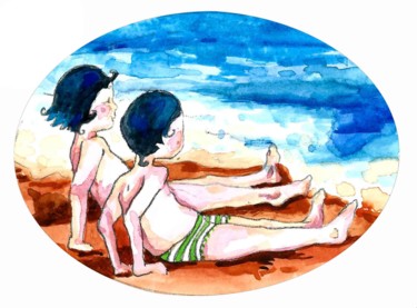 Peinture intitulée "à la plage" par Laetitia Rouffart, Œuvre d'art originale, Aquarelle