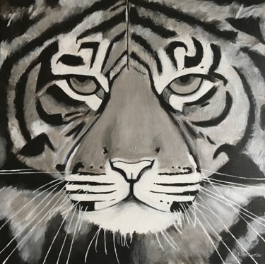 Schilderij getiteld "Tigre blanc" door Laetitia Infantino, Origineel Kunstwerk, Acryl Gemonteerd op Frame voor houten branca…