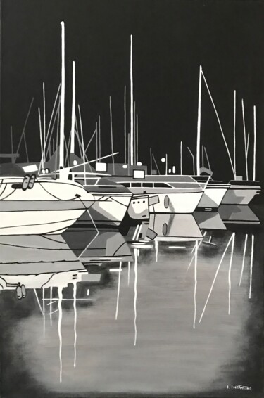 Painting titled "Le Port" by Laetitia Infantino, Original Artwork, Acrylic Mounted on Wood Stretcher frame