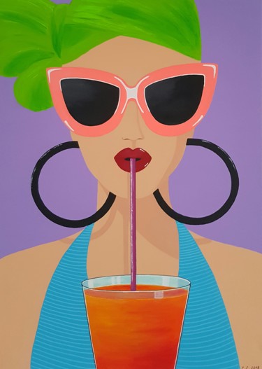 Painting titled "Women with drink" by Ana Von Laff, Original Artwork, Acrylic