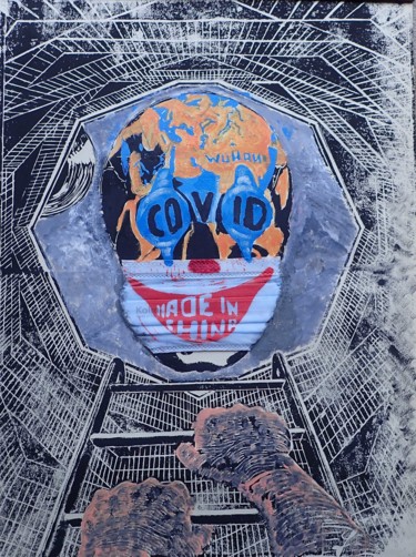 Estampas & grabados titulada "COVID" por Didier Lagrange, Obra de arte original, Linograbados