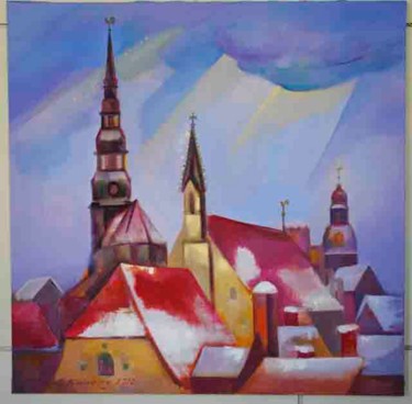 Painting titled "Old Riga`s roofs in…" by Laine Kainaize, Original Artwork