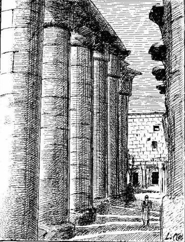 Dessin intitulée "colonnes-egyptienne…" par Lakmos, Œuvre d'art originale, Encre