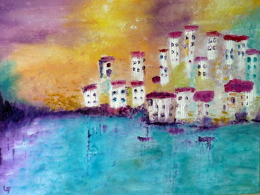 Painting titled "Le village 1" by Martine Lallement, Original Artwork, Oil Mounted on Wood Stretcher frame