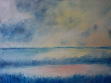 Painting titled "Horizon I" by Martine Lallement, Original Artwork, Oil Mounted on Wood Stretcher frame