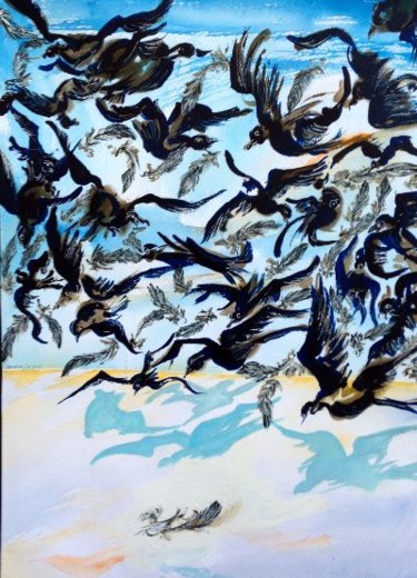 Painting titled "oiseaux-1-" by Danielle Lamaison, Original Artwork, Ink