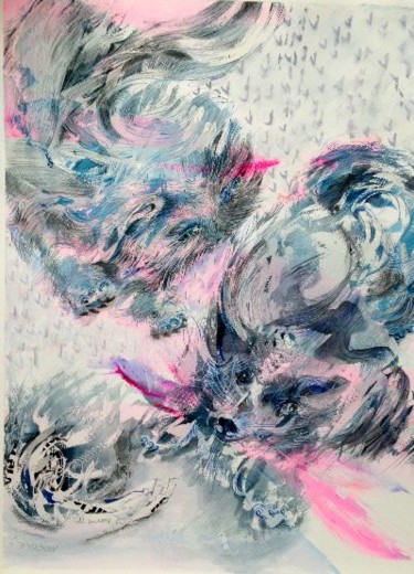 Рисунок под названием "chien et chat" - Danielle Lamaison, Подлинное произведение искусства, Чернила