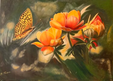 Painting titled "Butterfly and flower" by Bernard Fouque, Original Artwork, Oil