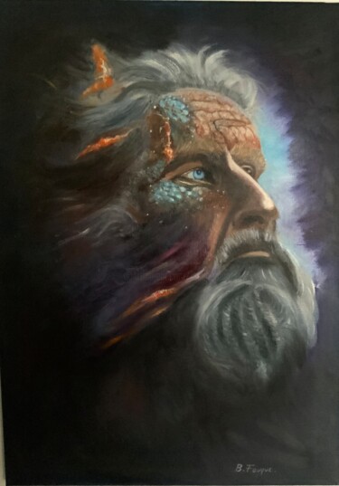 Painting titled "Poseidon" by Bernard Fouque, Original Artwork, Oil Mounted on Wood Stretcher frame