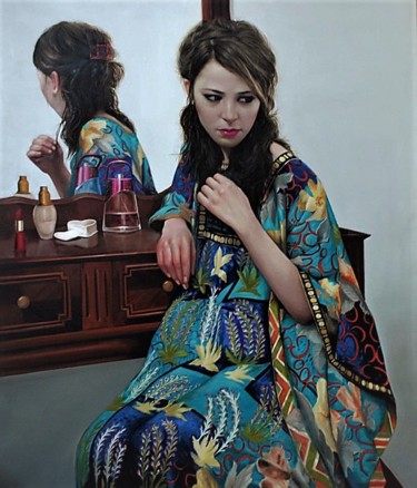 Schilderij getiteld "femme au miroir" door Lamine Azzouzi, Origineel Kunstwerk, Olie