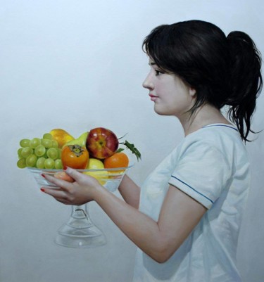 Malerei mit dem Titel "Femme avec des frui…" von Lamine Azzouzi, Original-Kunstwerk, Öl