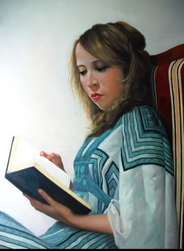 Painting titled "La lecture" by Lamine Azzouzi, Original Artwork, Oil