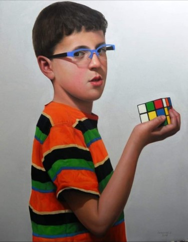 Malerei mit dem Titel "Le cube rubik" von Lamine Azzouzi, Original-Kunstwerk, Öl