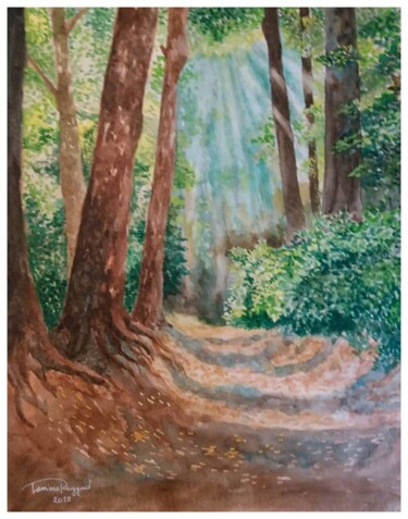 Painting titled "" La forêt enchantée" by Lamine Reggad, Original Artwork, Watercolor Mounted on Wood Panel