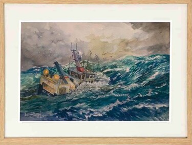 Painting titled "" sauvetage en mer "" by Lamine Reggad, Original Artwork, Watercolor Mounted on Wood Panel